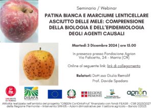 03/12/2024 - Seminario Patina bianca e marciume lenticellare asciutto delle mele: comprensione della biologia e dell'epidemiologia degli agenti causali @ Fondazione Agrion - Centro Sperimentale per la frutticoltura